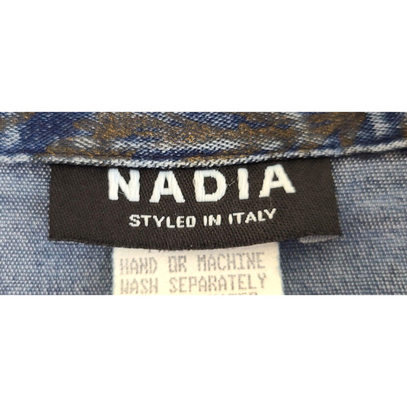 NADIA Blue Jean Jacket With Black Floral Design Button Up Size Large Made in USA - Picture 9 of 11